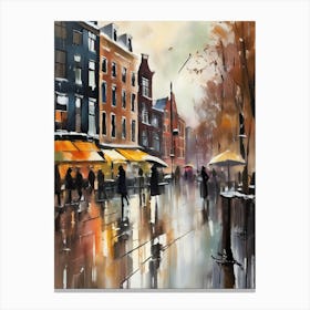 Amsterdam cafes, winter season, winter oil colors, pedestrians in the street, winter clothes, rain falling, Amsterdam print, Netherlands print, travel gift, Netherlands poster.30 1 Stampe su tela