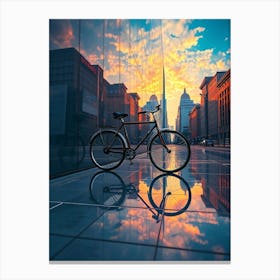 Sunset With A Bicycle in Big City Canvas Print