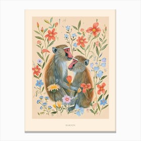 Folksy Floral Animal Drawing Baboon 2 Poster Canvas Print