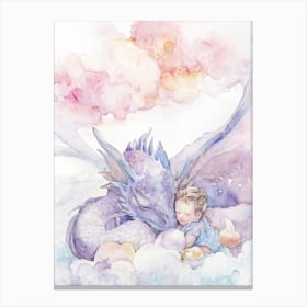 Watercolor Painting Of A Petite Winged Baby Dragon Sleeping Peacefully In The Embrace Of Its Prote Canvas Print