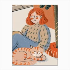 Woman and Cat Sitting Chilling in The Floor Canvas Print