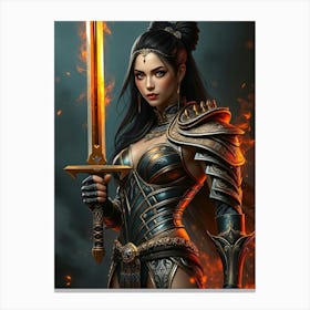 Female Warrior with Burning Sword Canvas Print