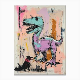 Dinosaur With Pet Blue Purple Pink 4 Canvas Print