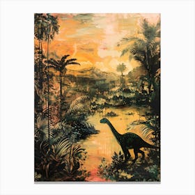 Dinosaur At Sunset By The River Canvas Print