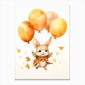 Rabbit Flying With Autumn Fall Pumpkins And Balloons Watercolour Nursery 1 Canvas Print