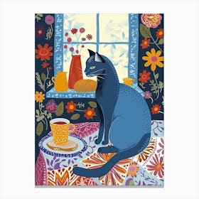 Tea Time With A Russian Blue Cat 3 Canvas Print