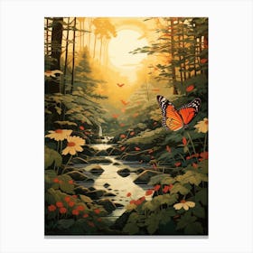 Butterflies In The Woodland At Sunrise Japanese Style Painting Canvas Print