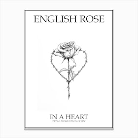English Rose In A Heart Line Drawing 2 Poster Canvas Print