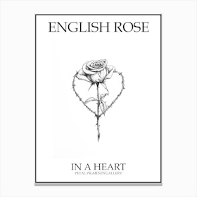 English Rose In A Heart Line Drawing 2 Poster Canvas Print