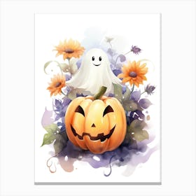 Cute Ghost With Pumpkins Halloween Watercolour 80 Canvas Print
