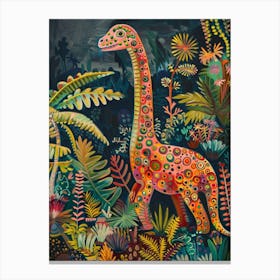 Colourful Dinosaur In The Leaves Painting 2 Canvas Print