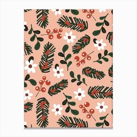 Black and Red Mistletoe and Winter Botanicals on Pink Canvas Print