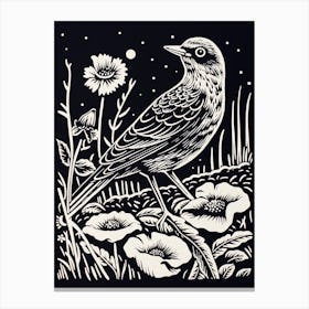 B&W Bird Linocut Lark 3 Canvas Print
