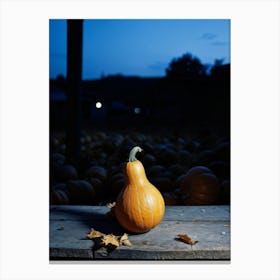 A Gourd Carefully Resting On A Weathered Wooden Table Settingfootprint In The Cement Market Under (1) Canvas Print