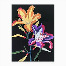Neon Flowers On Black Freesia 3 Canvas Print