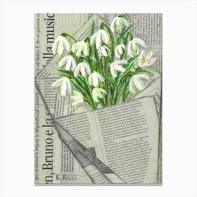 Snowdrops On Newspaper in a Bag White Flowers Minimal Floral Bouquet Canvas Print