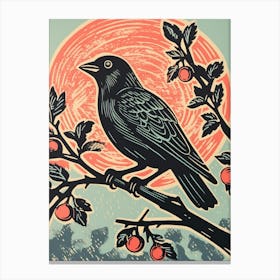 Vintage Bird Linocut Cowbird 3 Canvas Print