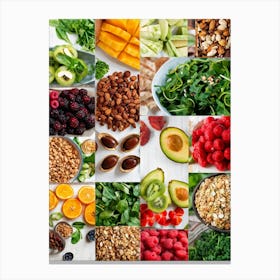 A Collage Of Various Fresh Foods Highlighting Nutritional Balance Vibrant Greens Like Spinach And K Canvas Print