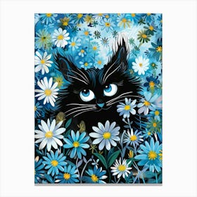 Black Cat In Daisies 2 Canvas Print