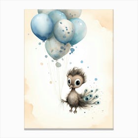 Baby Peacock Flying With Ballons, Watercolour Nursery Art 4 Canvas Print