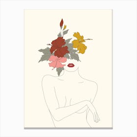 Colorful Thoughts Minimal Line Art Woman With Hibiscus Canvas Print