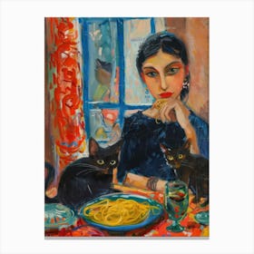 Portrait Of An Italian Woman With Cats Eating Pasta Canvas Print