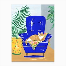 Cat In Blue Chair Canvas Print