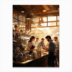 A Busy Cafe Scene Captured In Impressionist Style Barista Bustling Amidst The Morning Rush Meticul (3) Canvas Print