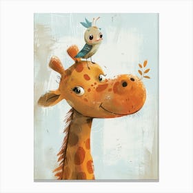 Small Joyful Giraffe With A Bird On Its Head 17 Canvas Print