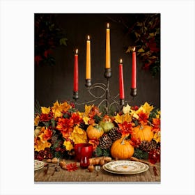 Autumn Harvest Table Centerpiece Overflowing With Gourds And Pumpkins Surrounded By Red And Gold C (1) Canvas Print