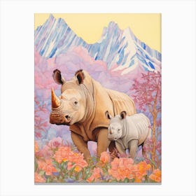 Rhino With Rhino Baby Patchwork 1 Canvas Print