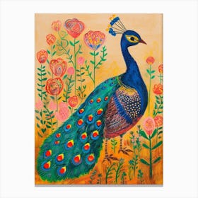 Peacock With The Roses Illustration Canvas Print