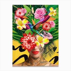 Mother Nature With Humming Bird Flowers And Tattoo In Gold, Yellow, Portrait of a Woman, Tropical, Floral Canvas Print