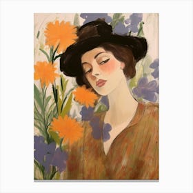 Woman With Autumnal Flowers Delphinium Canvas Print