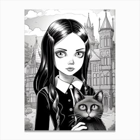 Nevermore Academy With Wednesday Addams And A Cat Line Art Fan Art Canvas Print