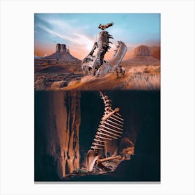 Dinosaur Skeleton And The Indian On Horse Canvas Print