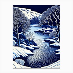 Frozen Landscapes With Icy Water Formations Waterscape Linocut 2 Canvas Print