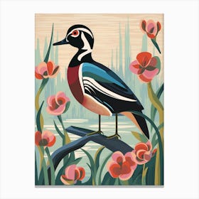Vintage Bird Linocut Wood Duck 1 Canvas Print