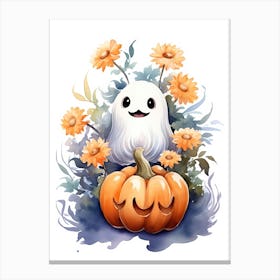 Cute Ghost With Pumpkins Halloween Watercolour 53 Canvas Print