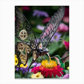 mechanical butterfly vibrant flower tiny hummingbird enchanting atmosphere Canvas Print