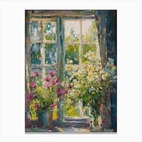 Zinnia Flowers On A Cottage Window 3 Canvas Print