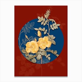 Vintage Botanical Yellow Sweetbriar Roses on Circle Blue on Red n.0026 Canvas Print