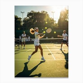 An Energetic Tennis Match In Progress At An Outdoor Courts Players Lobbing Yellow Tennis Balls With Canvas Print