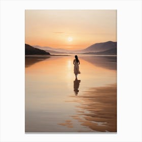 Woman Walking On Beach At Sunset Art Print Canvas Print