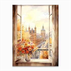 Window View Of London United Kingdom In Autumn Fall, Watercolour 2 Canvas Print