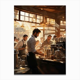 A Busy Cafe Scene Captured In Impressionist Style Barista Bustling Amidst The Morning Rush Meticul (4) Canvas Print