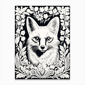 Fox In The Forest Linocut White Illustration 14 Canvas Print