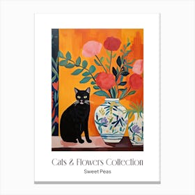 Cats & Flowers Collection Sweet Pea Flower Vase And A Cat, A Painting In The Style Of Matisse 2 Canvas Print