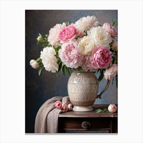 Vase Holding An Assortment Of Blooming Roses And Peonies Placed Centrally On An Antique Mahogany Ta Canvas Print