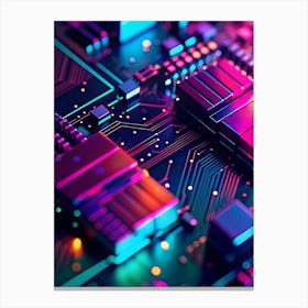 An Intricate Close Up View Of A Circuit Board With Glowing Lines And Components In Vibrant Pink, Blue, And Orange Hues Canvas Print